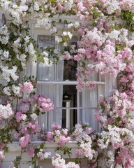Fototapeta premium Cottage windows buried behind layers of white and pink blossoms, overflowing floral curtain effect