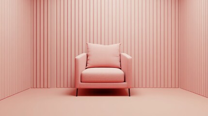Single blush pink armchair in a monochromatic room.