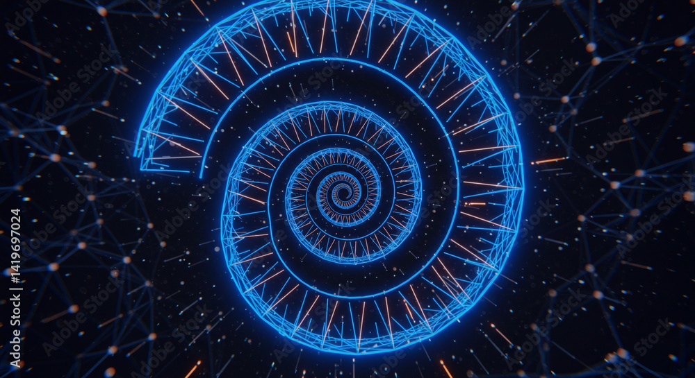 Aufkleber a glowing blue spiral tunnel with connecting lines on a dark background in perspective view