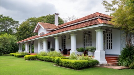 Full colonial house in Sri Lanka with veranda columns, red tile roof, open lawn and trimmed shrubs