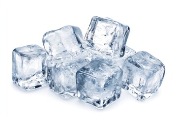 Several cool transparent ice cubes stacked together on a white surface