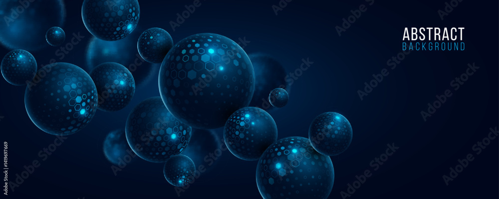 Poster 3d spheres textured with pattern of glowing cyber tech hexagons. futuristic background for business 