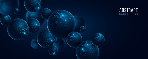 3D spheres textured with pattern of glowing cyber tech hexagons. Futuristic background for Business or Science online webinar. Abstract backdrop for web presentation. Vector illustration