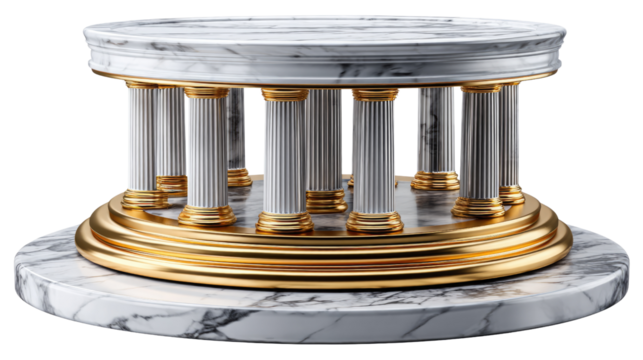 Elegant Display Pedestal: A stunning, photorealistic marble pedestal with a gold trim, ideal for showcasing a product or artistic object, with clean lines and a luxurious feel.