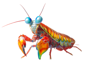 Vibrantly colored shrimp with oversized eyes and claws, set against a transparent background, showcasing its intricate anatomy