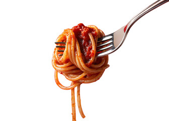 Spaghetti with tomato sauce on a fork isolated on white background