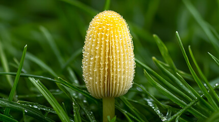 Yellow Mushroom In Dewy Grass