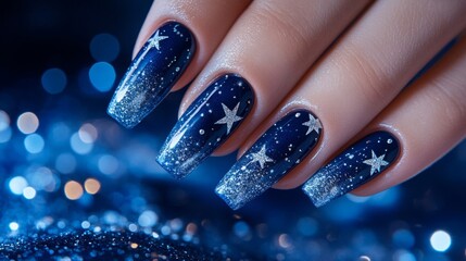 Close-Up of Woman's Hand with Blue Glitter Star Nail Art