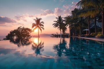 Obraz premium Tropical sunset over a serene infinity pool.