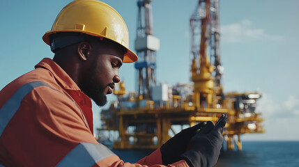 A male offshore worker calibrating drilling equipment on the rig. Featuring technical skill and attention to detail