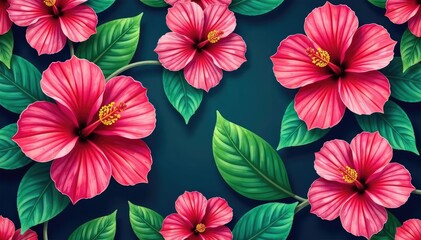 Bold, vibrant hibiscus & tropical leaves, seamless design, leaves, design