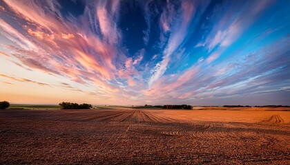Colored cirrus clouds over empty desolate farmland
