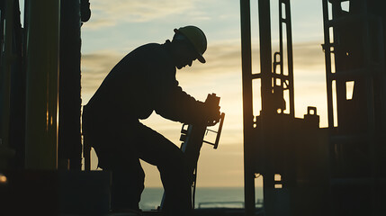 A male offshore worker calibrating drilling machines on the rig. Featuring precision and technical skill