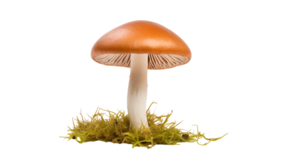 A single mushroom with an orange cap on a black background
