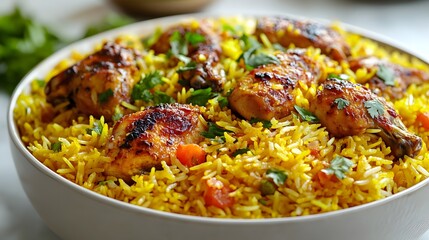 Fototapeta premium A close-up of a fragrant chicken biryani with colorful saffron rice and tender chicken pieces, placed on a white background