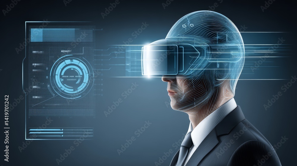 Poster man in suit and helmet navigating a futuristic virtual interface, glimpse into digital innovation