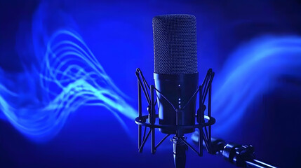 Professional condenser microphone in studio with blue light, sound waves, recording, podcasting, broadcasting, music production, audio, voice, singing, speech, communication, technology.