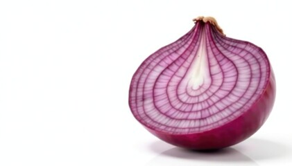 Close-up shot of red onion, showcasing its layers, against pure white, crisp, purple