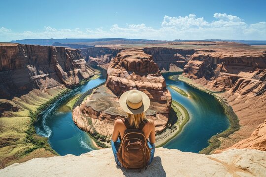 A person with hat observes a scenic canyon landscape with water