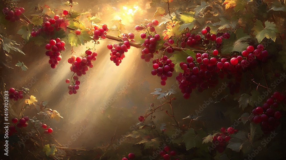 Poster lush grapevine illuminated by soft sunlight filtering through leaves in a serene garden setting
