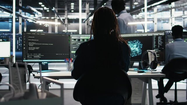 Data center programmer seeing critical error message while using node tree software to analyze datasets. Server room worker receiving glitch popup warning while using visual programming tool, camera A