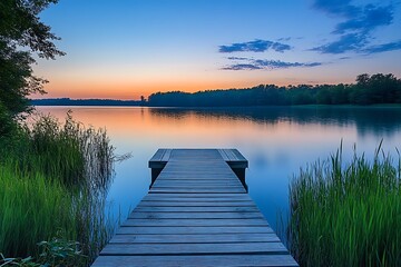 Fototapeta premium Serene Sunset Over A Calm Lake Wooden Dock Extending Towards The Horizon