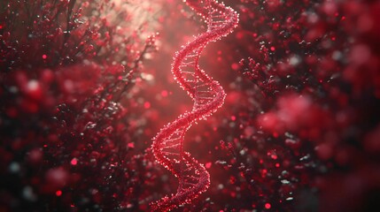 DNA helix strands, forming a luminous double helix made of of fine red particle dust. 