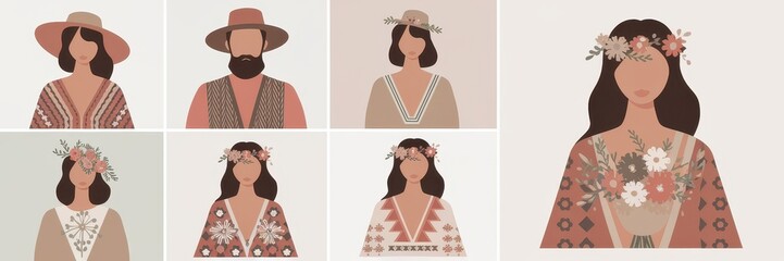 Bohemian style figures with floral accessories.