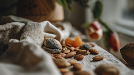 Scattered almonds and a variety of dried fruits on a linen tablecloth, natural light - cozy cranberries up