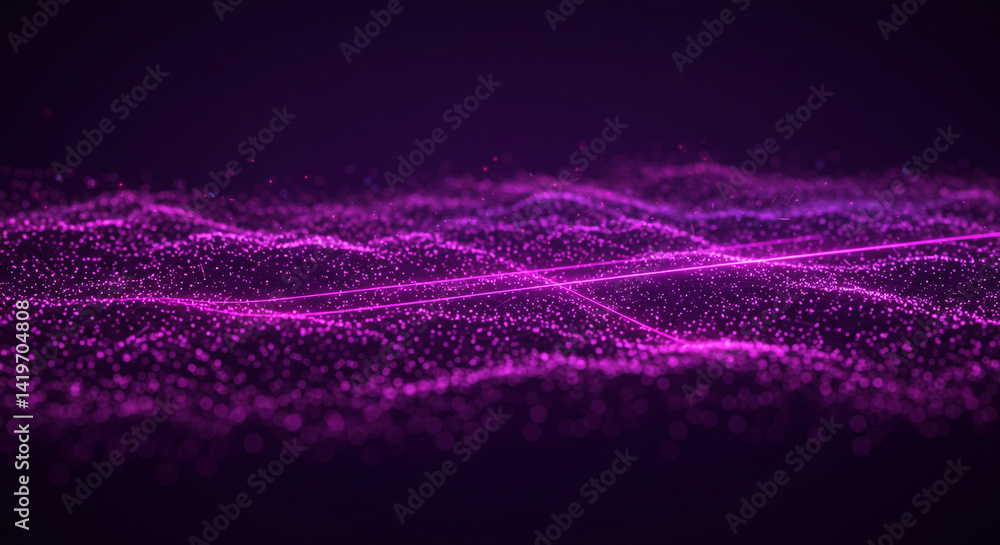 Poster abstract purple landscape with glowing particles and lines on a dark background design element