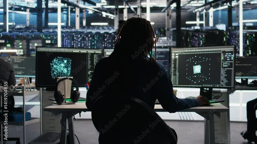 Poster server room programmer interpreting ai generated data analytics graphs, putting on headphones. data 