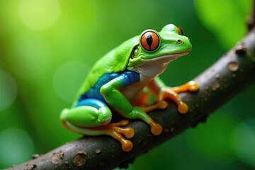 Naklejka premium Green tree frog perched on white, vibrant color , wildlife, studio shot, single