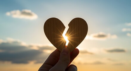 Broken heart silhouette against a sunset sky, symbolizing healing and hope