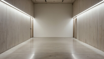 Modern interior design architecture photography: Sleek, minimalist hallway features pale wood paneling and bright linear lighting, creating a spacious and modern aesthetic.