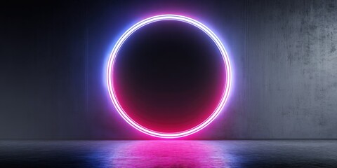 Neon Circle: Glowing Pink and Blue Halo in Dark Concrete Setting