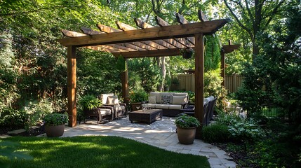 Serene Outdoor Living Space with Pergola, Comfortable Furniture, and Lush Green Surroundings