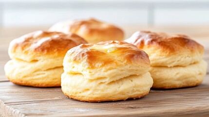 Freshly baked biscuits, golden brown, fluffy texture, melted butter