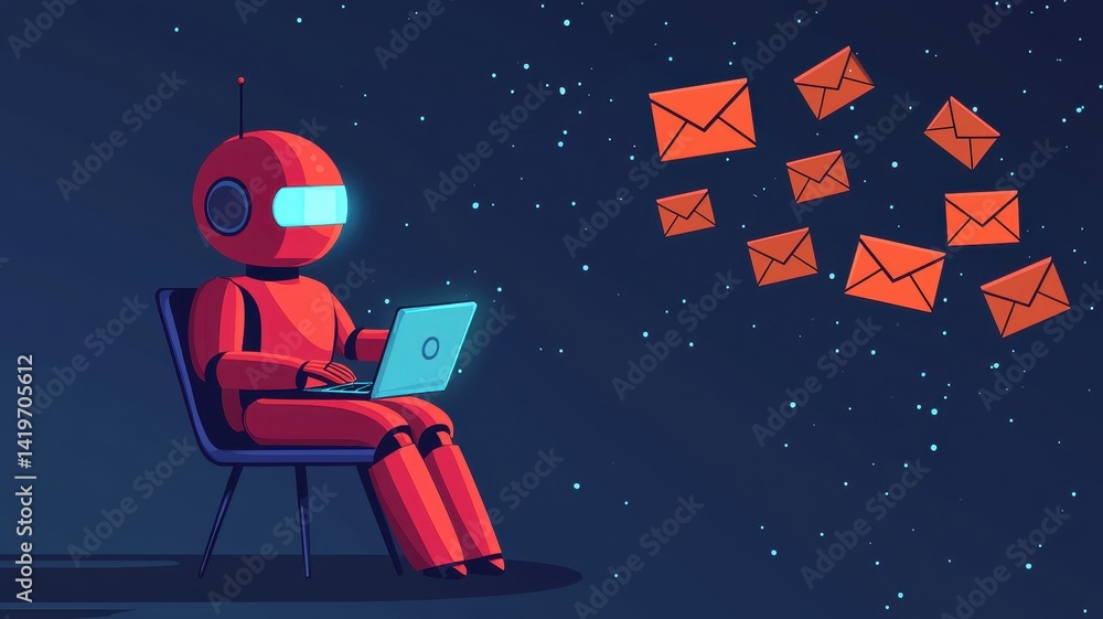 Poster red robot using laptop receiving emails ai automation digital communication futuristic technology