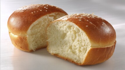 Cut-away view of a hamburger bun, revealing its airy interior, light golden color, even baking - coloring close even