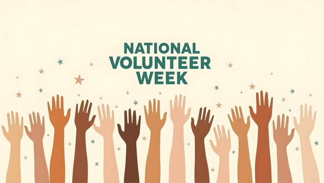 National Volunteer Week Poster with Diverse Hands Reaching Up, Minimalist Unity and Community Illustration, national volunteer week logo with hands reaching up