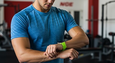 Man monitors fitness progress on smartwatch in gym, healthy lifestyle theme