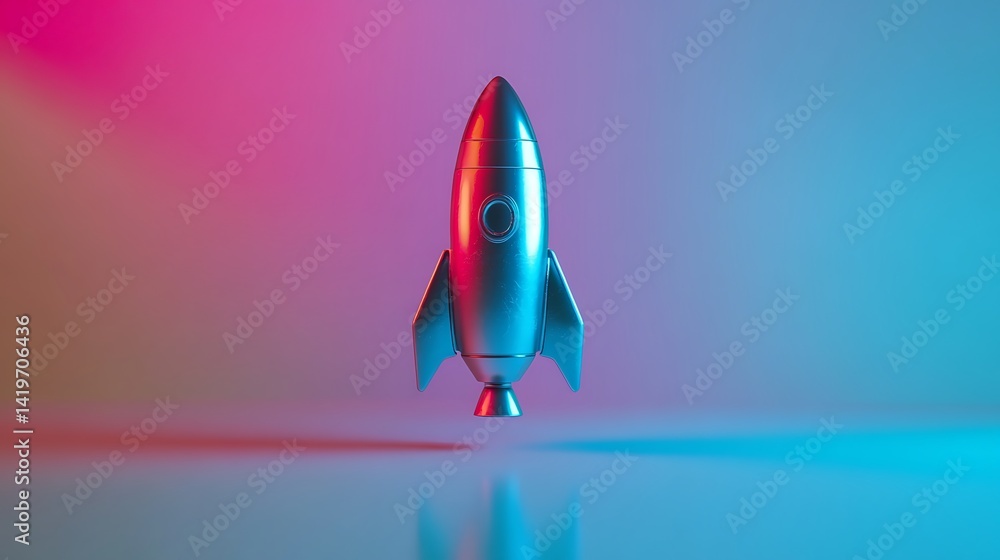 Poster metallic rocket model against a gradient background with vibrant colors, symbolizing innovation and 