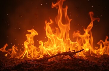 Fototapeta premium Fiery Blaze: An intense fiery blaze bursts forth, illuminating the night sky with a mesmerizing dance of flames. The vibrant orange and yellow hues dance and flicker.