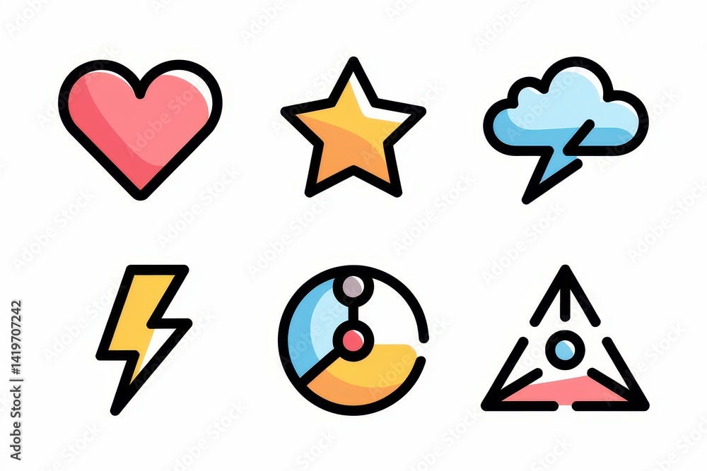 Poster collection of colorful, simple graphic icons representing emotions and abstract concepts.