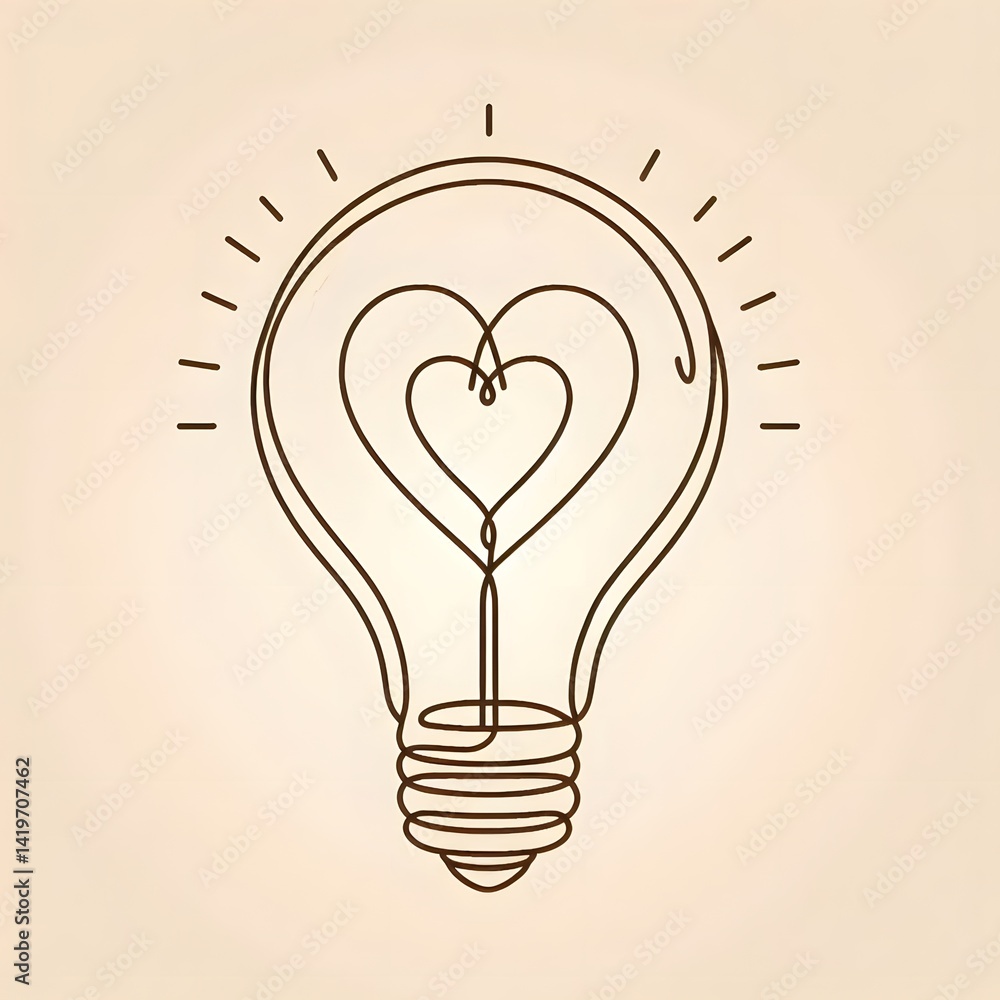Poster light bulb with heart shape design in minimalist style , single line outline drawing