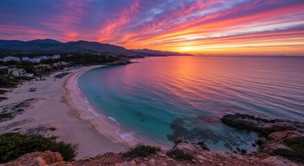 Vibrant Sunset Over Sandy Beach and Calm Ocean