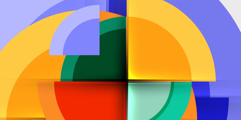 Abstract geometric composition. Overlapping curves, rectangles create vibrant visual balance. Colors suggest modern design aesthetic.