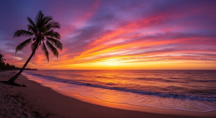 Vibrant Sunset over Tropical Beach with Palm Tree