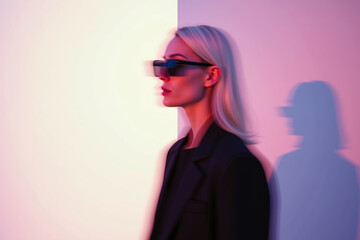 Motion blur of young woman in sunglasses on pink background with gradient . Fashion. AI