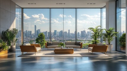 A modern office lobby with large glass windows and a view of the city skyline. 